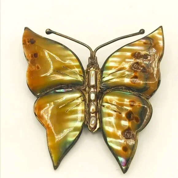 Vintage Sterling Silver and Abalone Shell Butterfly Brooch - Picture 1 of 12